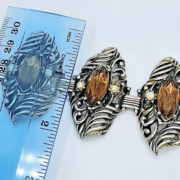 Brutalist Jewel Bracelet Bangle Vtg Brown Jewel Pearl Open Scroll Segment Viking - Picture 11 of 12